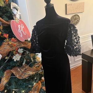 Elegant Black Off-Shoulder Dress with Floral Sleeves